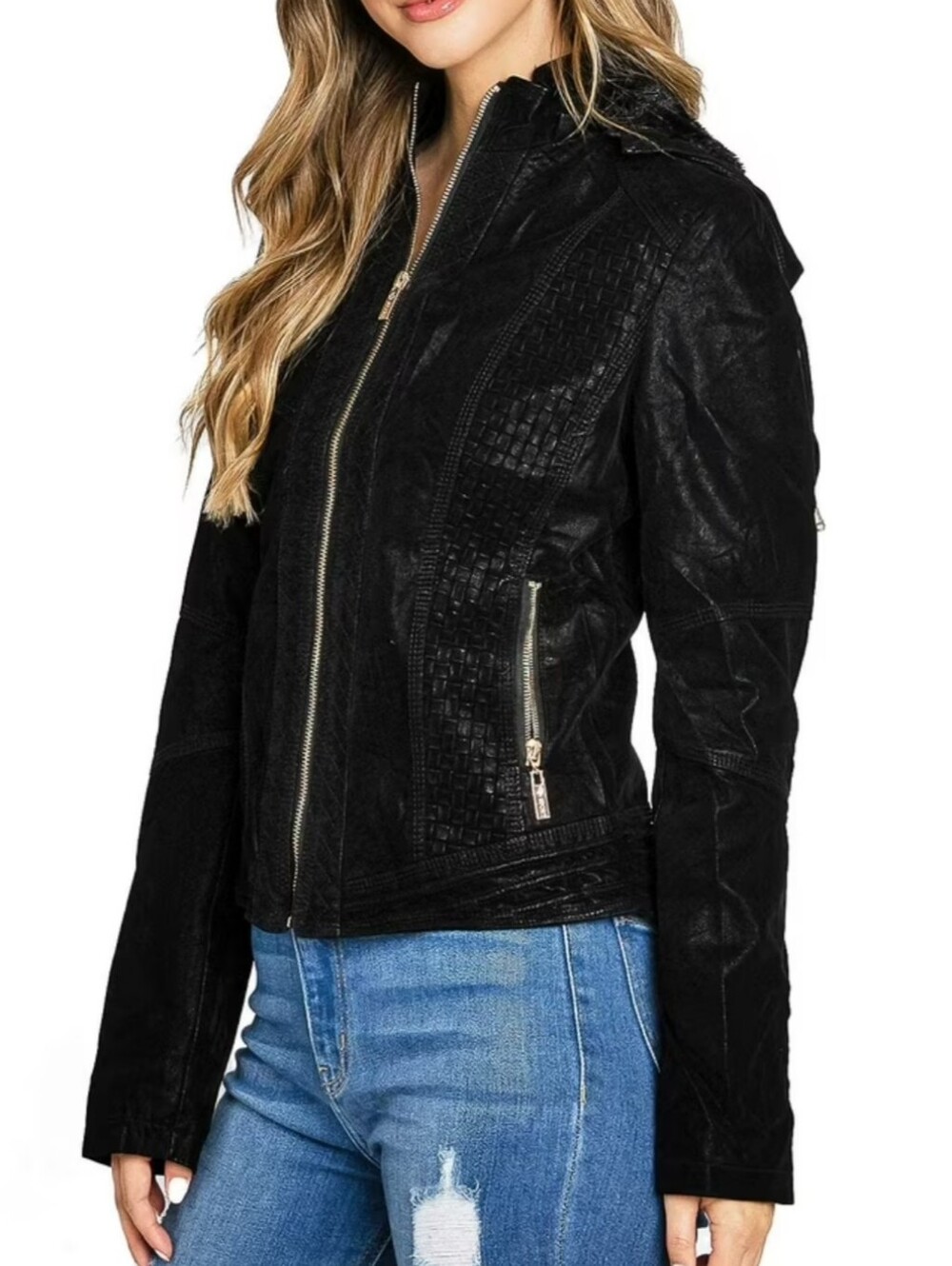 Palomares Sports Faux Fur Lined Textured Slim Fit Moto Jacket